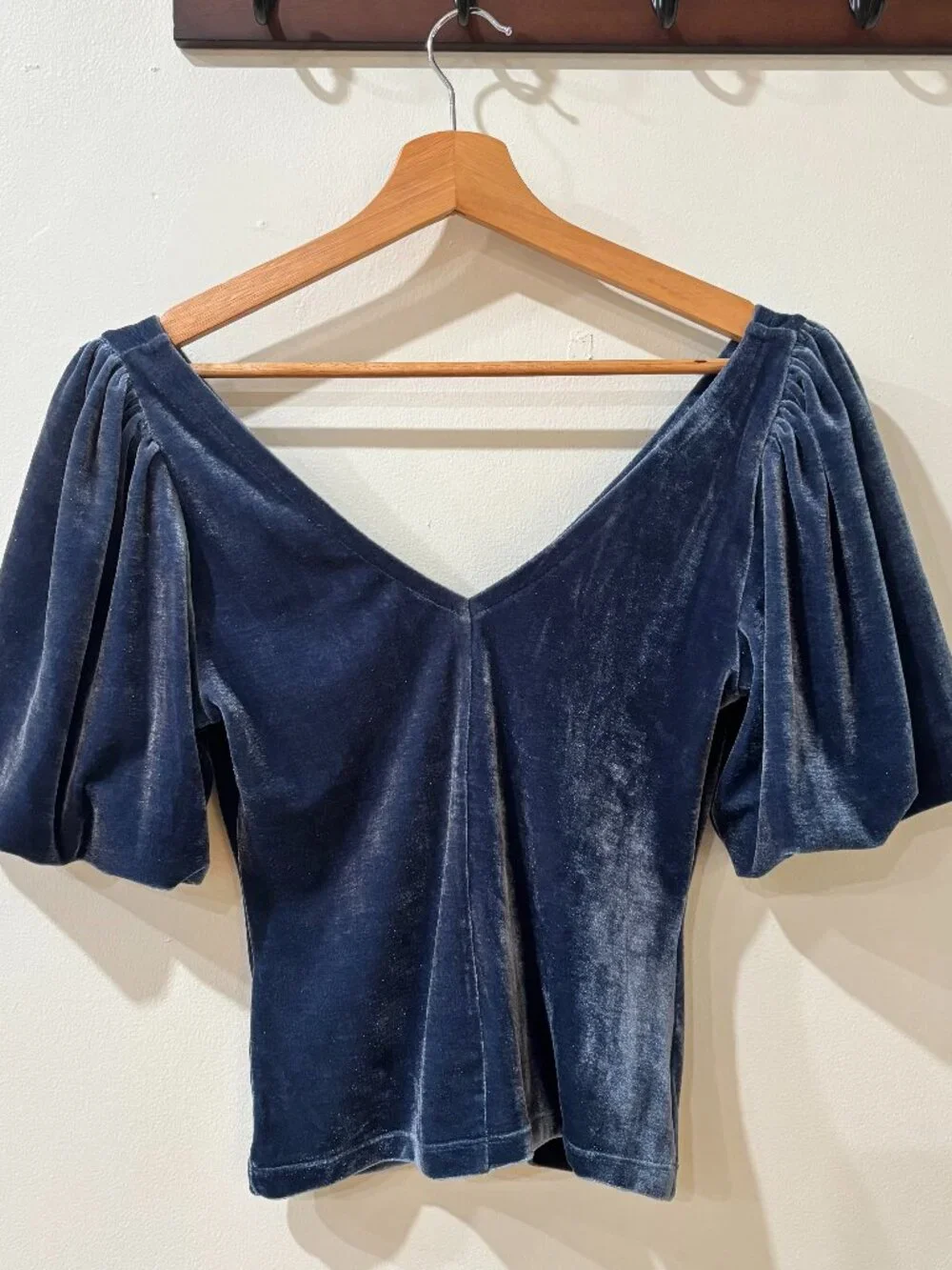 Free People slate blue velvet ruched front V-neck puff sleeve blouse